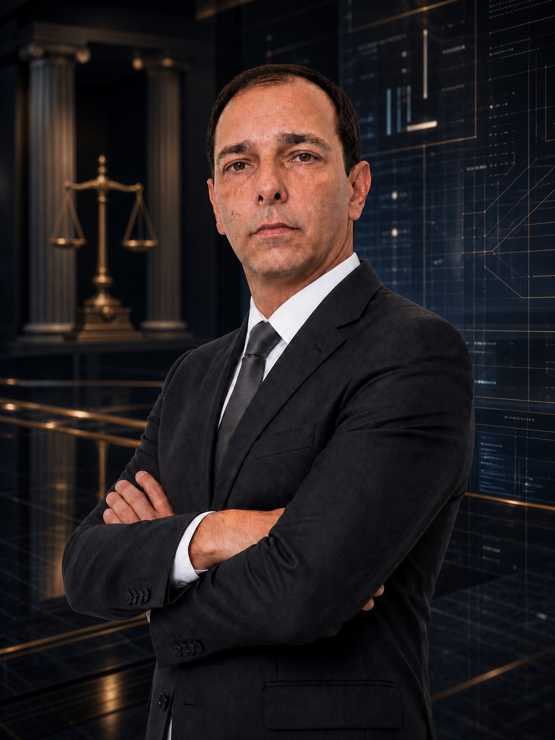 Foto profissional de Fernando Pires de braços cruzados em ambiente institucional